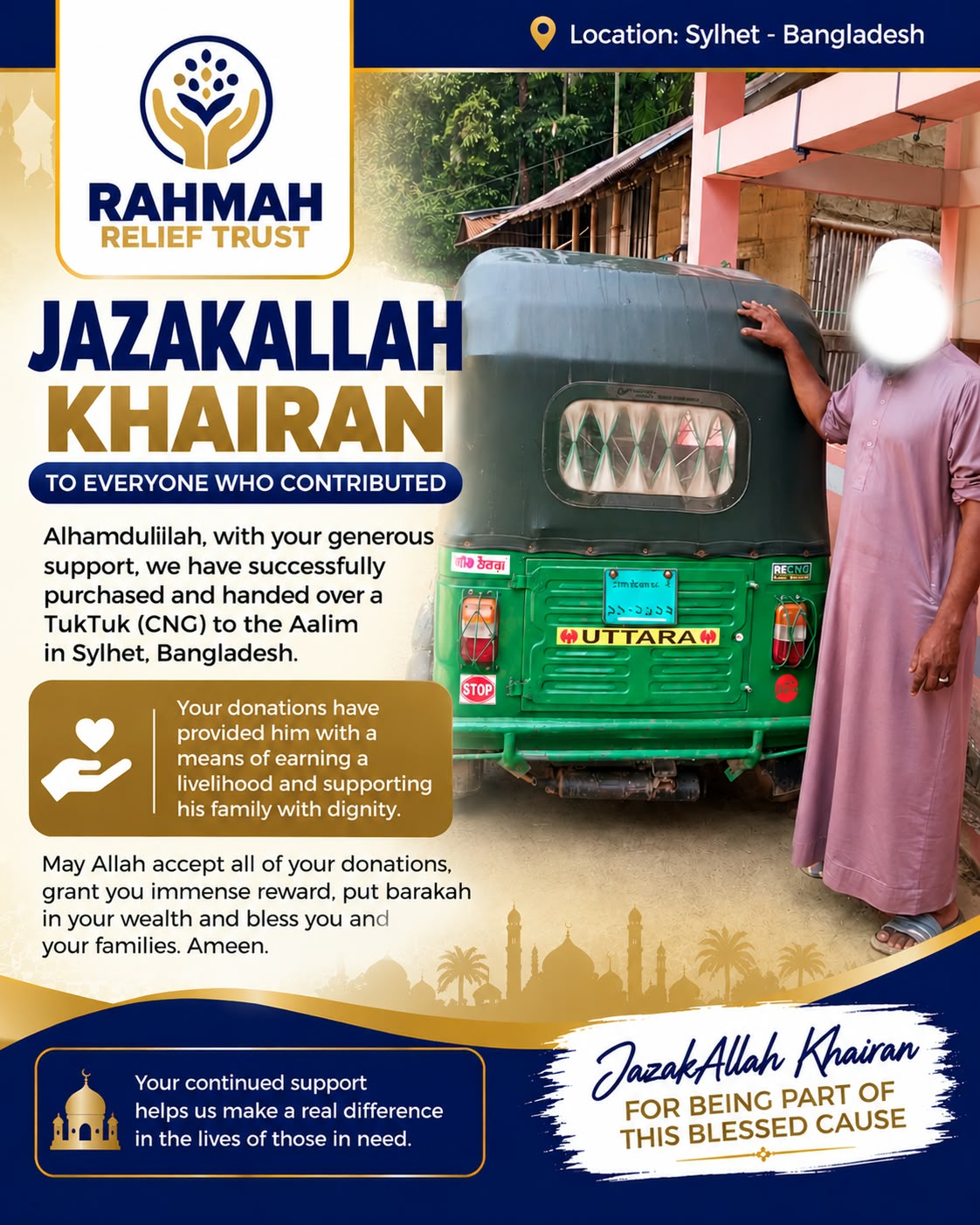 Original poster reporting the handover of a green CNG vehicle in Sylhet