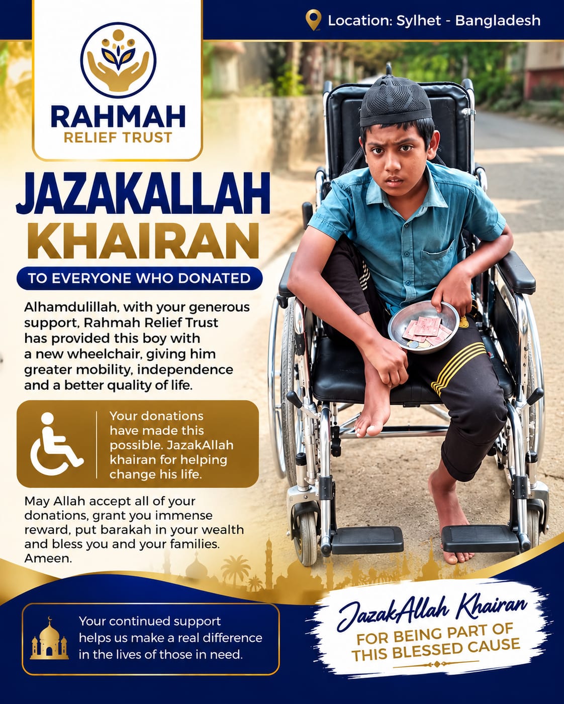 Original poster reporting a wheelchair provided to a child in Sylhet