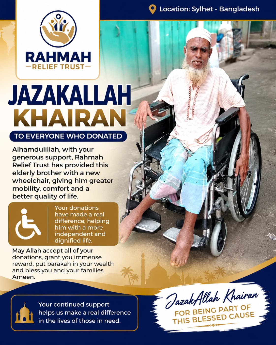 Rahmah Relief Trust poster reporting a wheelchair provided to an elderly man in Sylhet